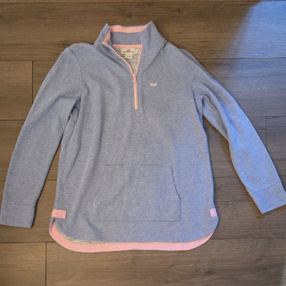 Vineyard Vines Heather Light Blue Quarter-Zip with Pink Trim